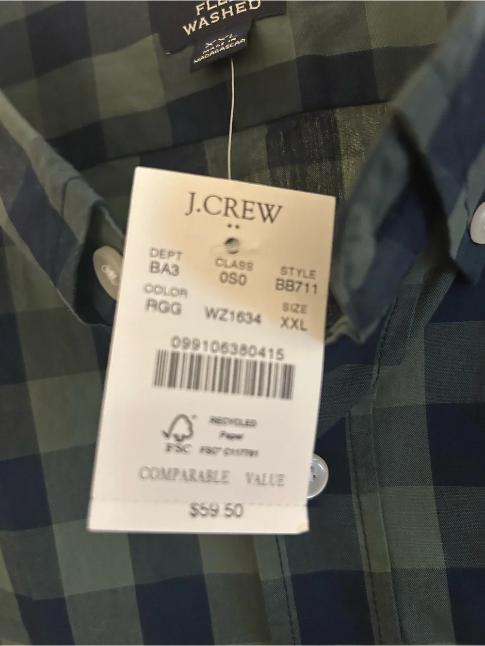 J. Crew Men's Green and Navy Plaid Button-Down Shirt